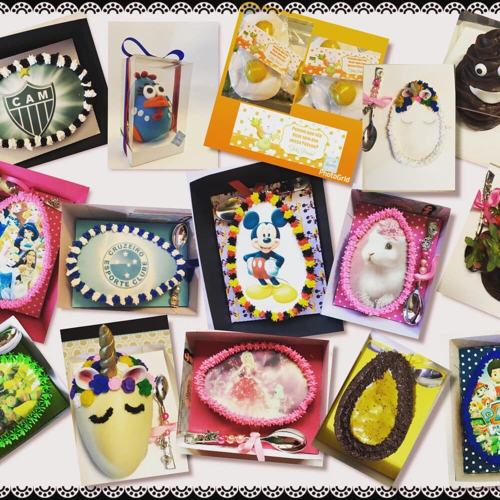 Decorated Brazilian Easter eggs with soccer crests and cartoon characters